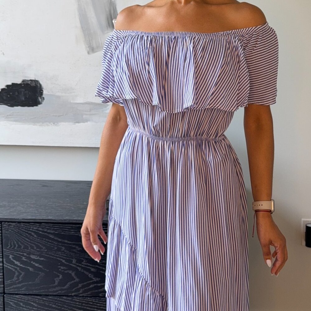 STRIPED RUFFLE MIDI SUMMER DRESS